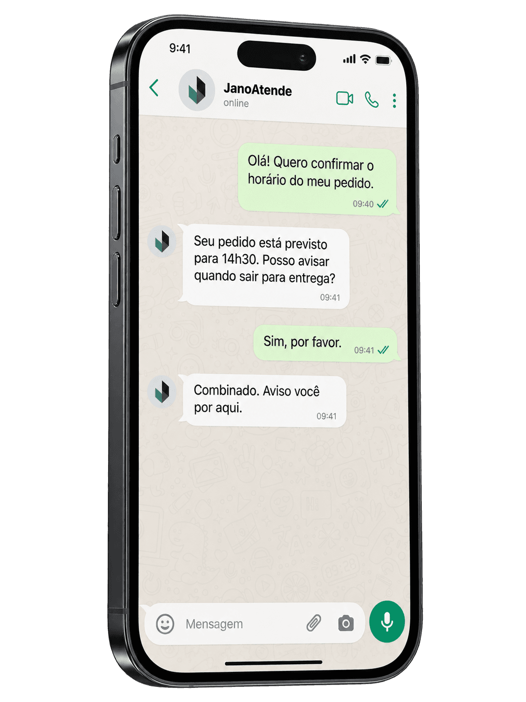 Celular com conversa do JanoAtende confirmando um pedido